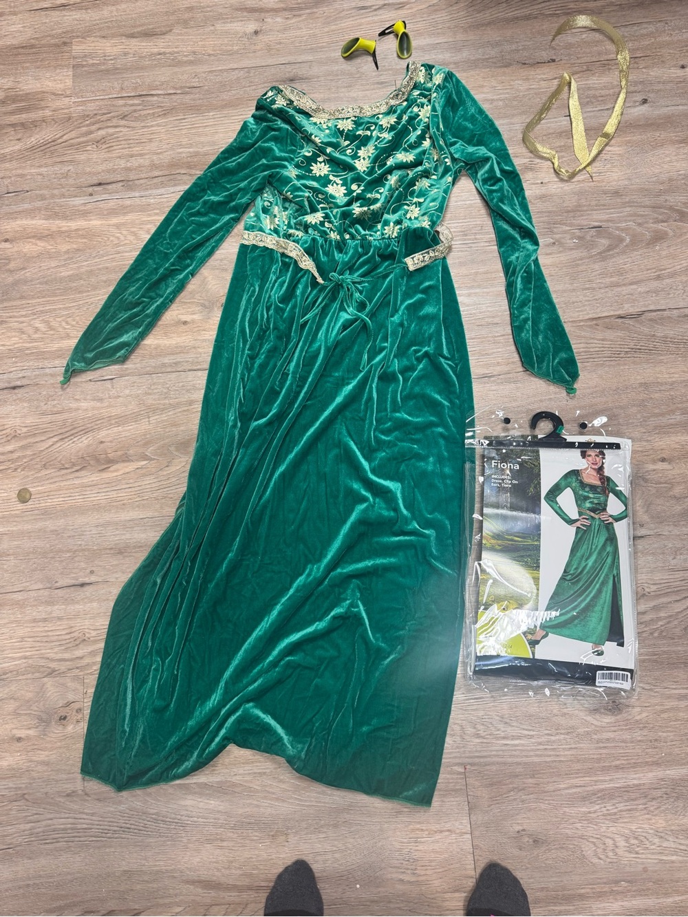 Green Velvet Long Sleeve Maxi Dress with Gold Trim